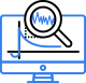 Icon of graph on a screen with a magnifying glass enlarging a portion of the graph